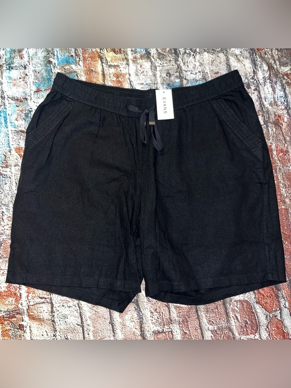 Evans - Black Linen Blend - Drawstring Tie Shorts Size 22
